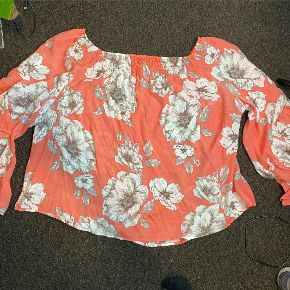 Womens Off Shoulder Floral Top Sz 3X Orange White Spring Summer smocking - Picture 7 of 10